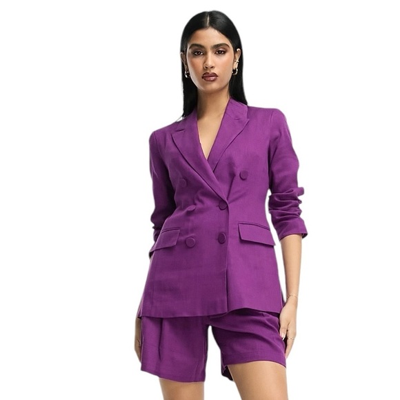 ASOS DESIGN - Double Breasted Linen Mix Suit Blazer in Purple Sz 10 - Picture 1 of 12